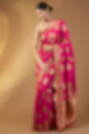 Rani Pink Paper Silk Zari Party Wear Saree Set. by Narmadeshwari at Pernia's Pop Up Shop