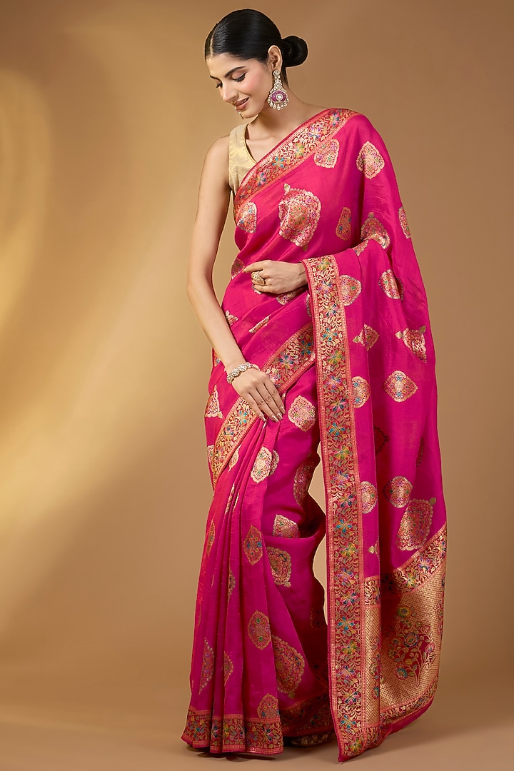 Rani Pink Paper Silk Zari Party Wear Saree Set. by Narmadeshwari at Pernia's Pop Up Shop