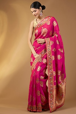 Rani Pink Paper Silk Zari Saree Set. by Narmadeshwari