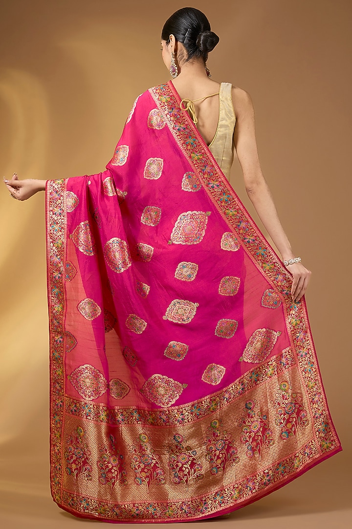 Rani Pink Paper Silk Zari Party Wear Saree Set. by Narmadeshwari at Pernia's Pop Up Shop