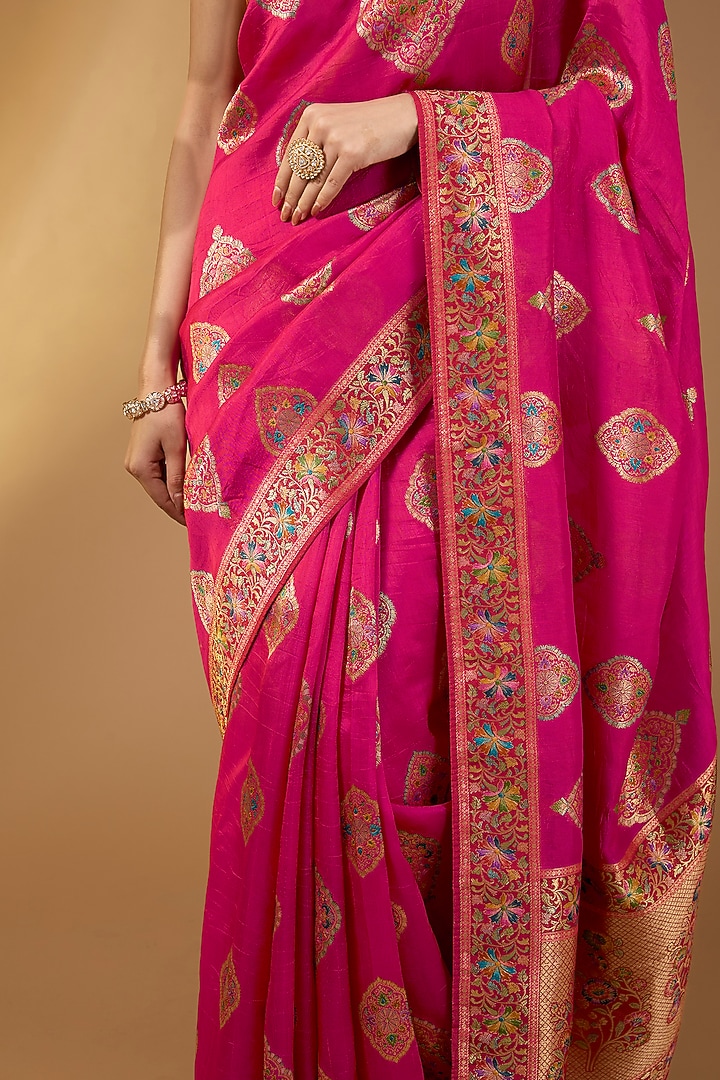 Rani Pink Paper Silk Zari Party Wear Saree Set. by Narmadeshwari at Pernia's Pop Up Shop