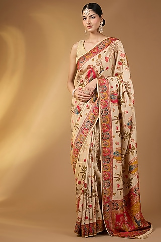 Cream Pashmina Silk Motif Embellished Saree Set by Narmadeshwari