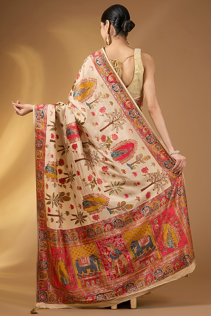 Cream Pashmina Silk Motif Embellished Party Wear Saree Set by Narmadeshwari at Pernia's Pop Up Shop