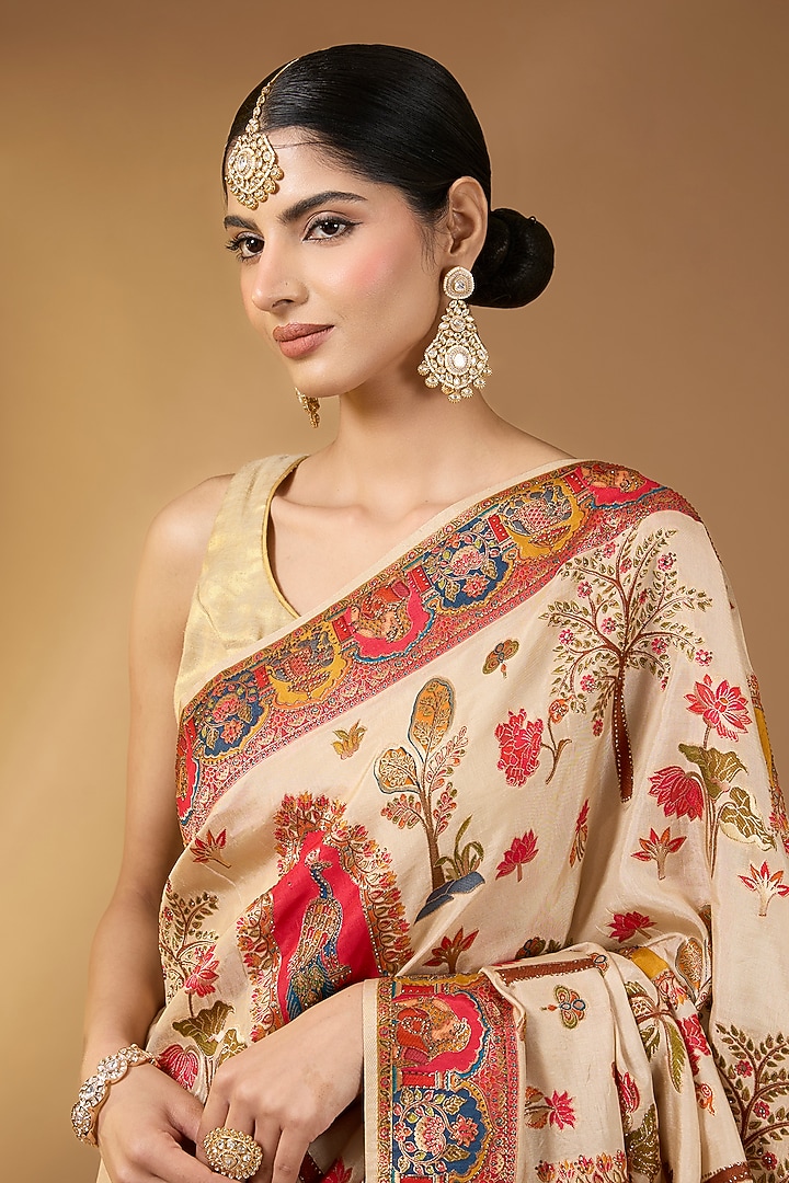 Cream Pashmina Silk Motif Embellished Party Wear Saree Set by Narmadeshwari at Pernia's Pop Up Shop