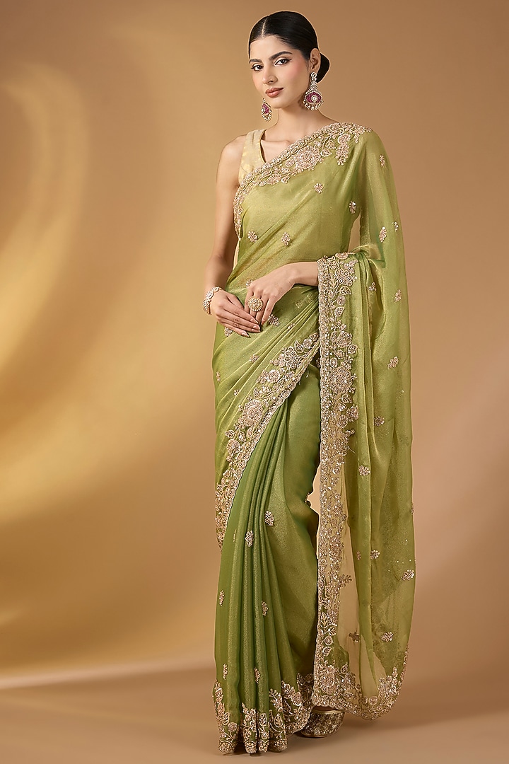 Light Green Tissue Georgette Handwork Festive Saree Set by Narmadeshwari at Pernia's Pop Up Shop