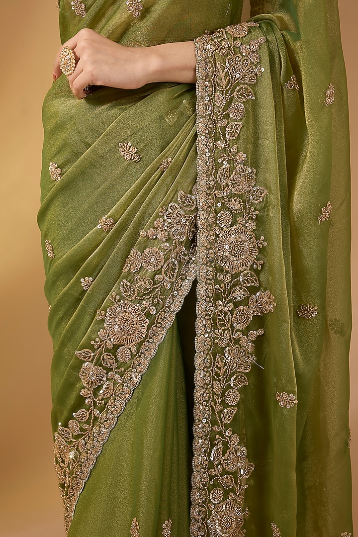 Light Green Tissue Georgette Handwork Festive Saree Set by Narmadeshwari at Pernia's Pop Up Shop