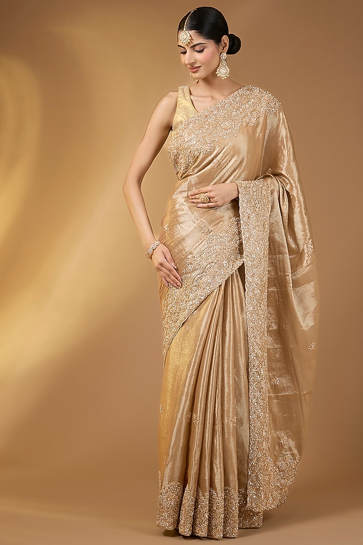 Light Yellow Tissue Silk Hand Embroidered Party Wear Saree Set by Narmadeshwari at Pernia's Pop Up Shop