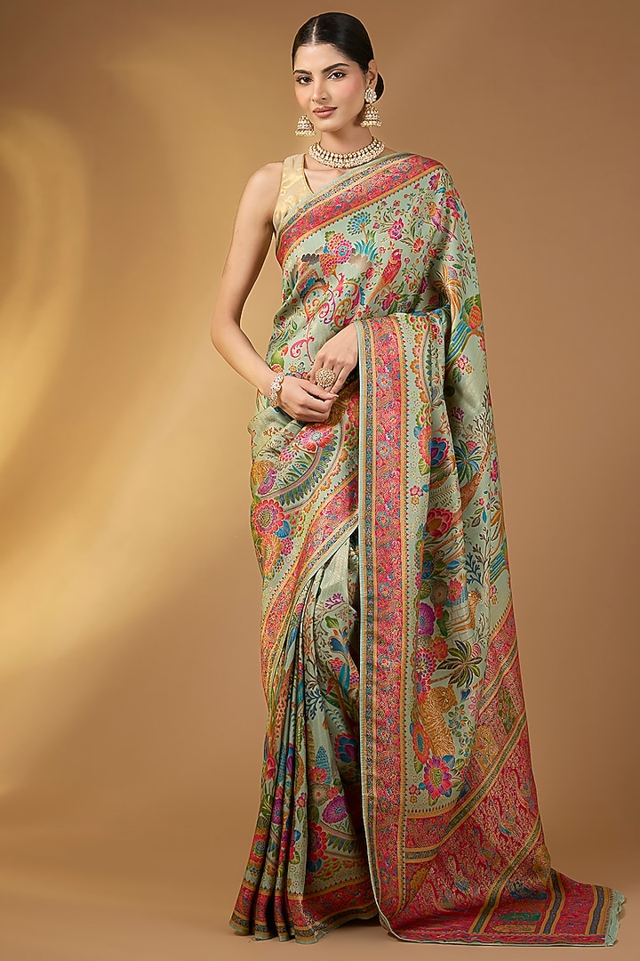 Mint Green Crepe Silk Golden Zari Festive Saree Set by Narmadeshwari at Pernia's Pop Up Shop