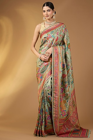 Mint Green Crepe Silk Golden Zari Saree Set by Narmadeshwari