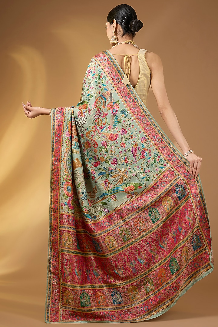 Mint Green Crepe Silk Golden Zari Festive Saree Set by Narmadeshwari at Pernia's Pop Up Shop