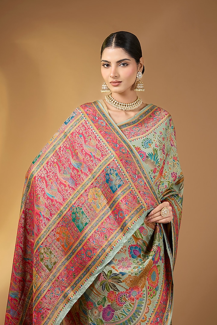 Mint Green Crepe Silk Golden Zari Festive Saree Set by Narmadeshwari at Pernia's Pop Up Shop