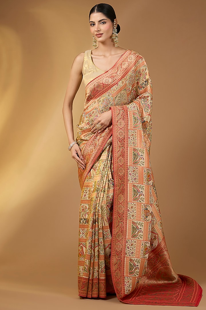 Beige Crepe Silk Zari Motif Party Wear Saree Set by Narmadeshwari at Pernia's Pop Up Shop