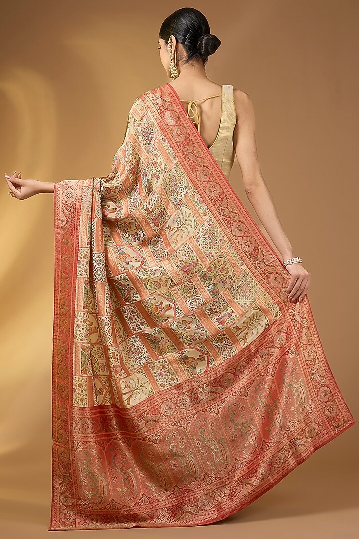 Beige Crepe Silk Zari Motif Party Wear Saree Set by Narmadeshwari at Pernia's Pop Up Shop