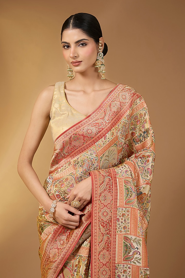 Beige Crepe Silk Zari Motif Party Wear Saree Set by Narmadeshwari at Pernia's Pop Up Shop