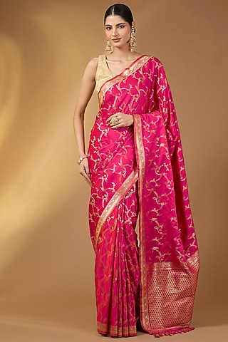 Magenta Banarasi Silk Jaal Work Saree Set by Narmadeshwari