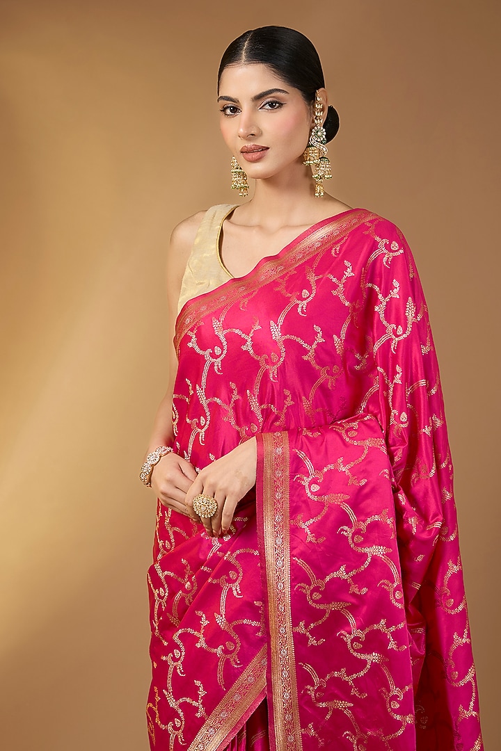 Magenta Banarasi Silk Jaal Work Festive Saree Set by Narmadeshwari at Pernia's Pop Up Shop