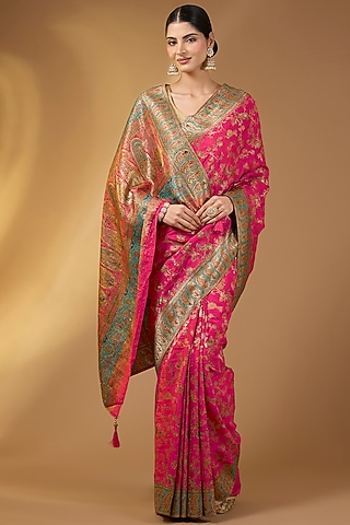 Magenta Pashmina Silk Floral Motif Saree Set by Narmadeshwari