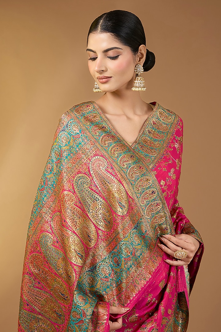 Magenta Pashmina Silk Floral Motif Party Wear Saree Set by Narmadeshwari at Pernia's Pop Up Shop