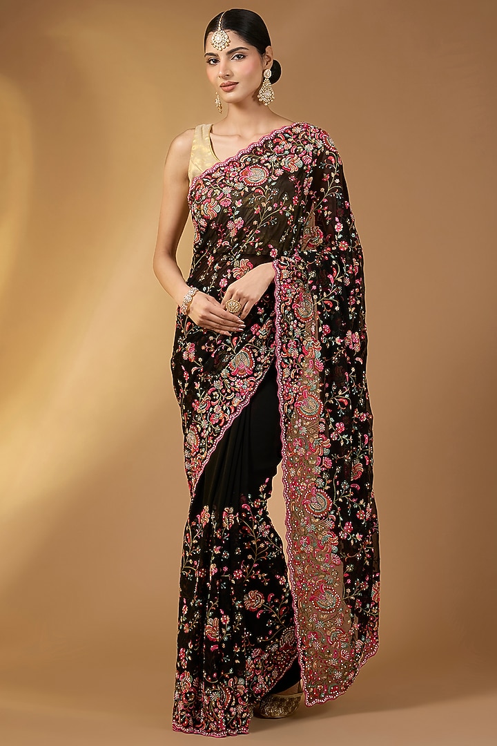 Black Georgette Floral Jaal Work Festive Saree Set by Narmadeshwari at Pernia's Pop Up Shop