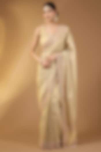 Yellow Tissue Silk Hand Embroidered Wedding Saree Set by Narmadeshwari at Pernia's Pop Up Shop