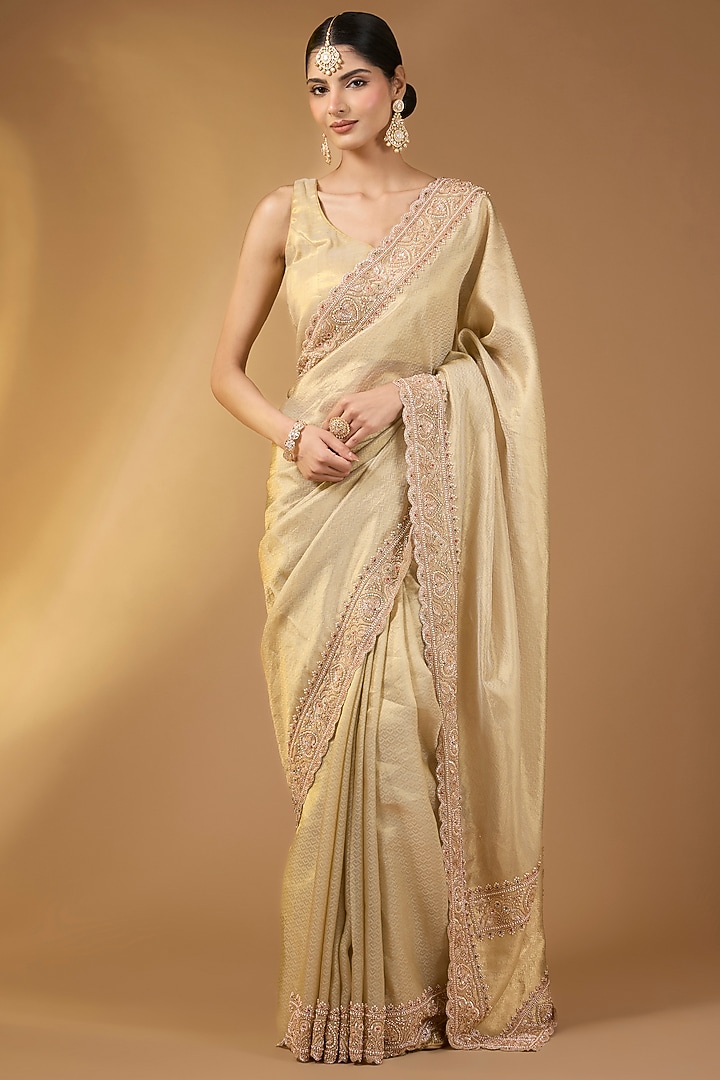 Yellow Tissue Silk Hand Embroidered Wedding Saree Set by Narmadeshwari at Pernia's Pop Up Shop