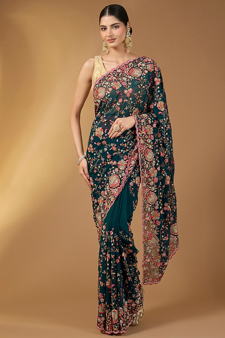 Blue Georgette Kashmiri Jaal Work Festive Saree Set by Narmadeshwari at Pernia's Pop Up Shop