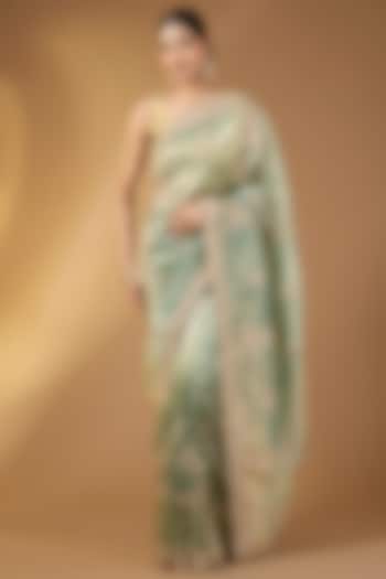 Green Georgette Swarovski Crystal Handcrafted Party Wear Saree Set by Narmadeshwari at Pernia's Pop Up Shop