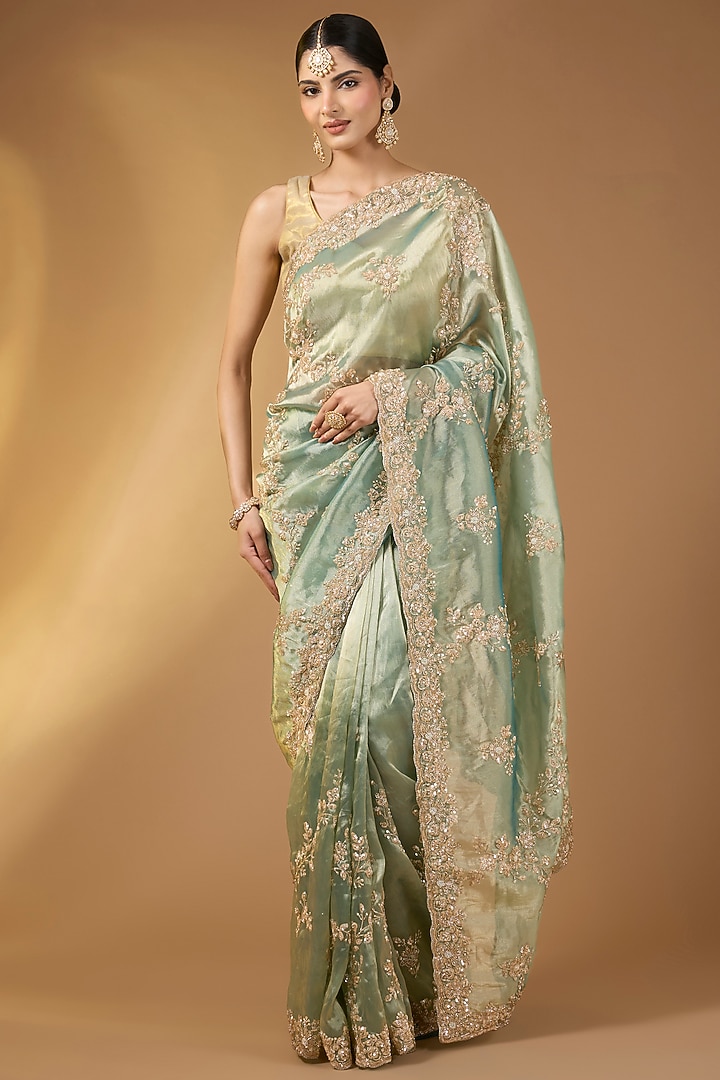 Green Georgette Swarovski Crystal Handcrafted Party Wear Saree Set by Narmadeshwari at Pernia's Pop Up Shop