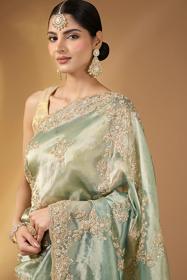 Green Georgette Swarovski Crystal Handcrafted Party Wear Saree Set by Narmadeshwari at Pernia's Pop Up Shop