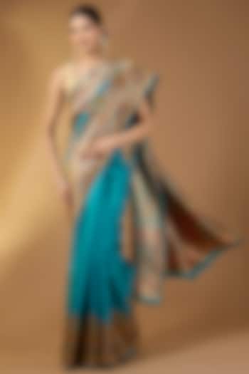 Firozi Blue Crepe Silk Floral Handloom Festive Saree Set by Narmadeshwari at Pernia's Pop Up Shop