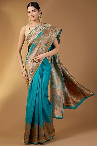 Firozi Blue Crepe Silk Floral Handloom Saree Set by Narmadeshwari