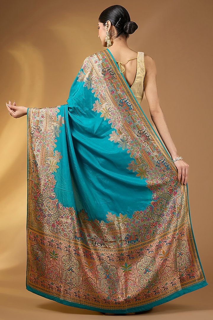 Firozi Blue Crepe Silk Floral Handloom Festive Saree Set by Narmadeshwari at Pernia's Pop Up Shop