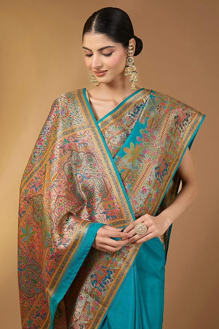 Firozi Blue Crepe Silk Floral Handloom Festive Saree Set by Narmadeshwari at Pernia's Pop Up Shop