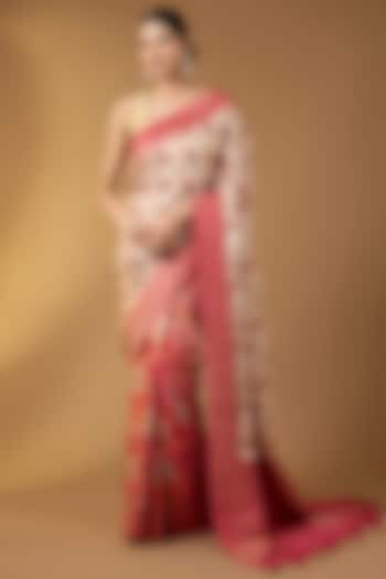 Cream Satin Silk Floral Jaal Party Wear Saree Set by Narmadeshwari at Pernia's Pop Up Shop