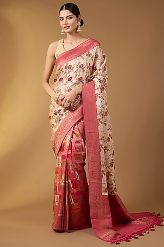 Cream Satin Silk Floral Jaal Saree Set by Narmadeshwari