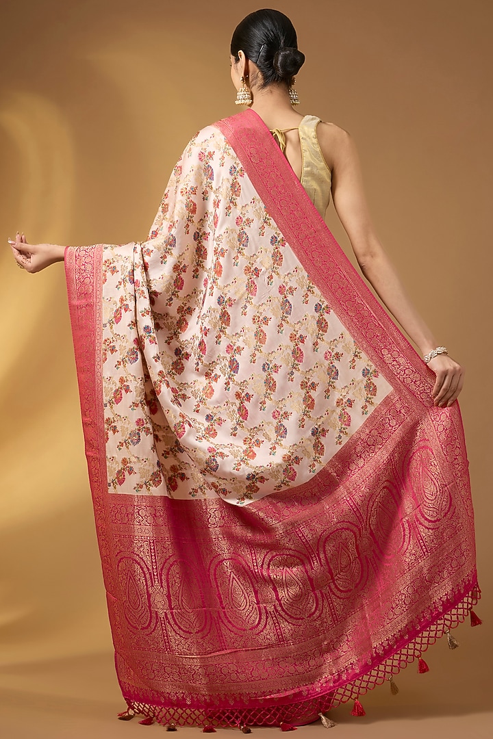 Cream Satin Silk Floral Jaal Party Wear Saree Set by Narmadeshwari at Pernia's Pop Up Shop