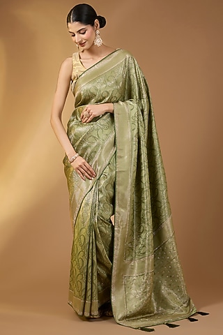 Pastel Green Banarasi Silk Zari Saree Set by Narmadeshwari
