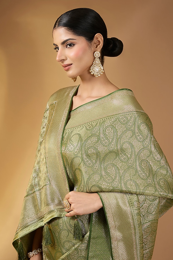 Pastel Green Banarasi Silk Zari Festive Saree Set by Narmadeshwari at Pernia's Pop Up Shop