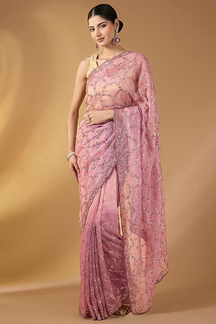 Pink Tissue Georgette Festive Saree Set by Narmadeshwari at Pernia's Pop Up Shop