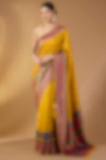 Mustard Yellow Crepe Silk Floral Printed Festive Saree Set by Narmadeshwari at Pernia's Pop Up Shop
