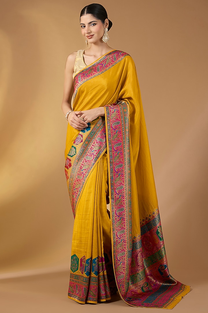 Mustard Yellow Crepe Silk Floral Printed Festive Saree Set by Narmadeshwari at Pernia's Pop Up Shop