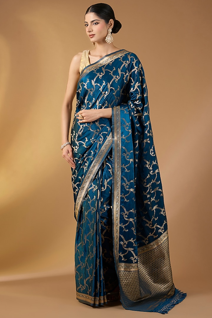 Blue Banarasi Silk Woven Festive Saree Set by Narmadeshwari at Pernia's Pop Up Shop