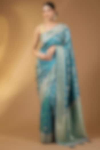 Peacock Blue Banarasi Silk Floral Festive Saree Set by Narmadeshwari at Pernia's Pop Up Shop