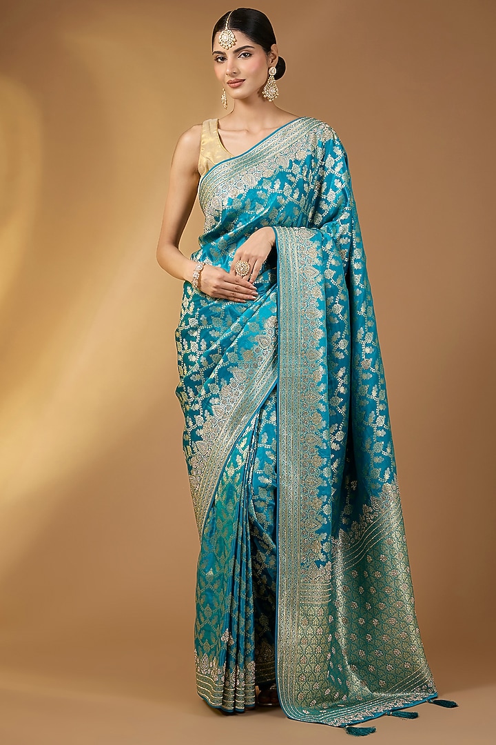 Peacock Blue Banarasi Silk Floral Festive Saree Set by Narmadeshwari at Pernia's Pop Up Shop