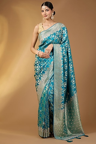 Peacock Blue Banarasi Silk Floral Saree Set by Narmadeshwari