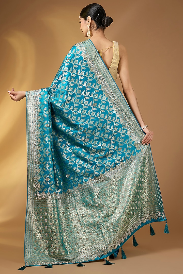 Peacock Blue Banarasi Silk Floral Festive Saree Set by Narmadeshwari at Pernia's Pop Up Shop