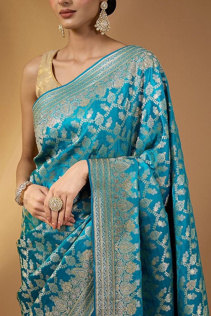 Peacock Blue Banarasi Silk Floral Festive Saree Set by Narmadeshwari at Pernia's Pop Up Shop