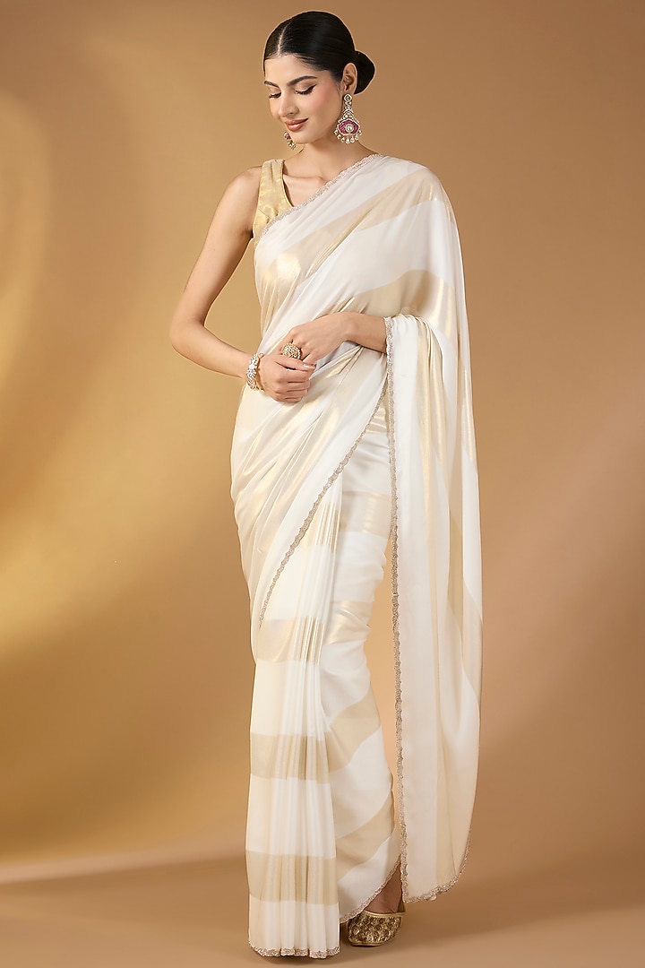 White Georgette Cutwork Festive Saree Set by Narmadeshwari at Pernia's Pop Up Shop
