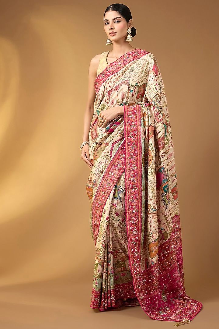 Cream Pashmina Silk Floral Party Wear Saree Set by Narmadeshwari at Pernia's Pop Up Shop