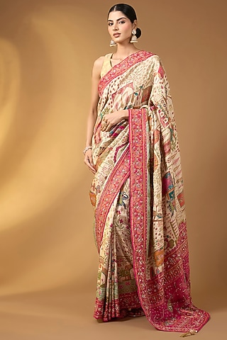 Cream Pashmina Silk Floral Saree Set by Narmadeshwari